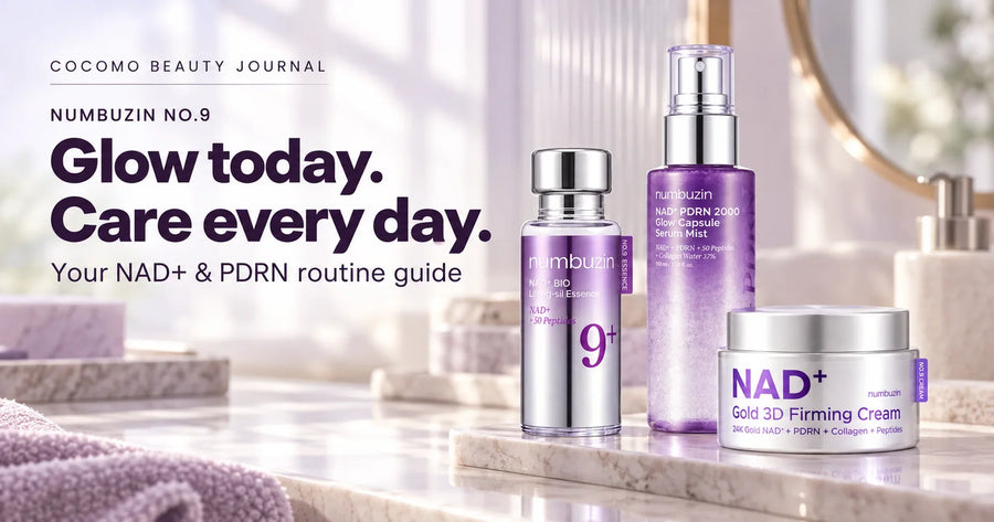 Numbuzin No.9 Bio Lifting-sil Essence, PDRN Serum Mist and Gold 3D Firming Cream beside the COCOMO headline Glow today. Care every day.