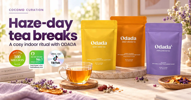 ODADA Heart Warm, Sweet Orange and Purple Moon tea pouches with a cup of tea and the headline Haze-day tea breaks