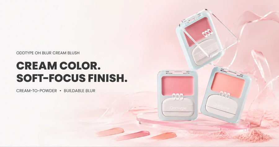ODDTYPE Oh Blur Cream Blush compacts in muted pink and coral shades on a soft-focus blush background