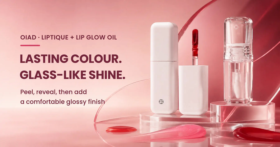 OIAD Liptique peel-off lip tint and clear Lip Glow Oil staged in a rose glass studio banner
