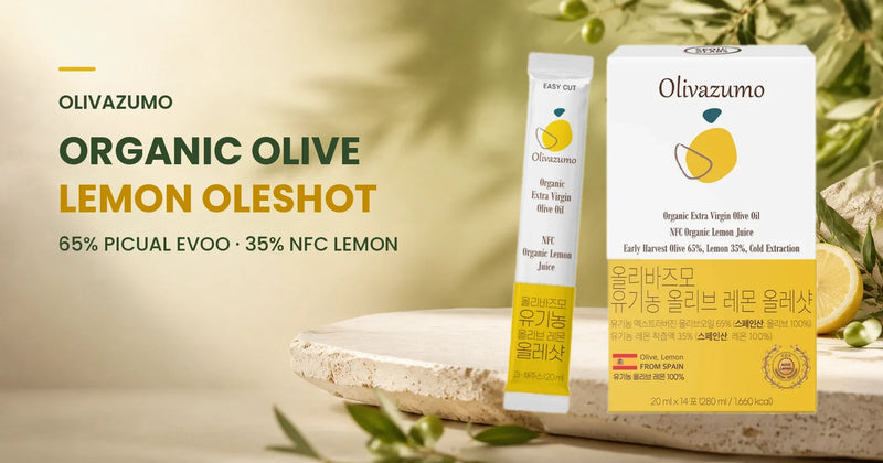 OLIVAZUMO Organic Olive Lemon Oleshot with 65% Picual extra virgin olive oil and 35% NFC lemon