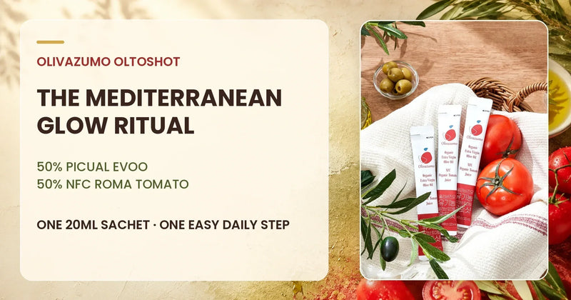 OLIVAZUMO Olive Tomato Oltoshot sachets with tomatoes and olives beside a Mediterranean glow headline