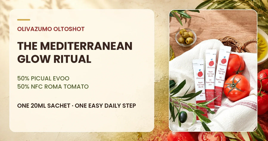 OLIVAZUMO Olive Tomato Oltoshot sachets with tomatoes and olives beside a Mediterranean glow headline