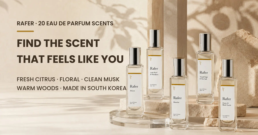 Five RAFER 30ml Eau de Parfum bottles staged on warm stone and clear plinths