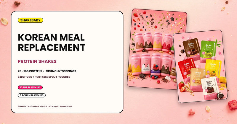 Shakebaby Korean meal replacement protein shakes in 630g tubs and portable spout pouches
