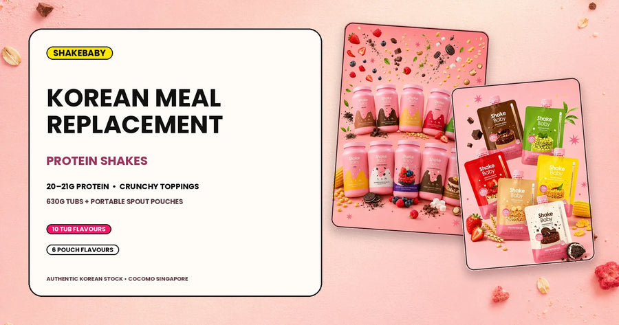 Shakebaby Korean meal replacement protein shakes in 630g tubs and portable spout pouches
