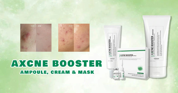 AXCNE BOOSTER skincare products including ampoule, cream, and mask on a green background.