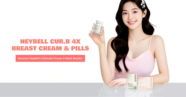 Woman holding breast cream and pills with promotional text on a white background