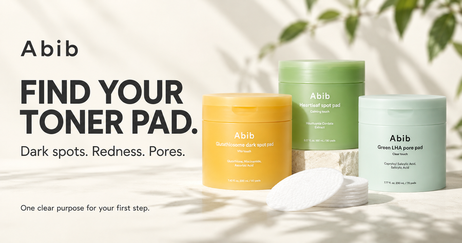 Abib Glutathiosome Dark Spot, Heartleaf Calming and Green LHA Pore toner pad guide