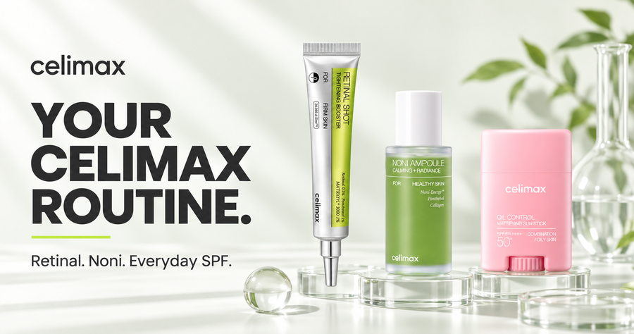 CELIMAX Retinal Shot Booster, Noni Ampoule and Oil Control Sun Stick on clear glass in a white and sage setting