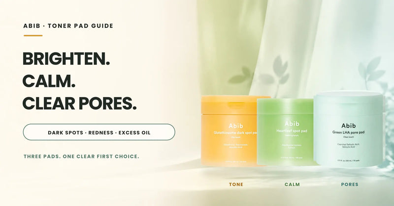 ABIB toner pad guide with genuine Glutathiosome Dark Spot, Heartleaf Calming and Green LHA Pore Pad jars