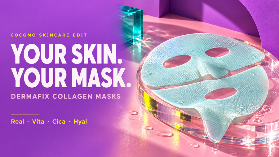 DERMAFIX Your Skin. Your Mask. — COCOMO skincare edit with hydrogel texture and four collagen-mask formulas.