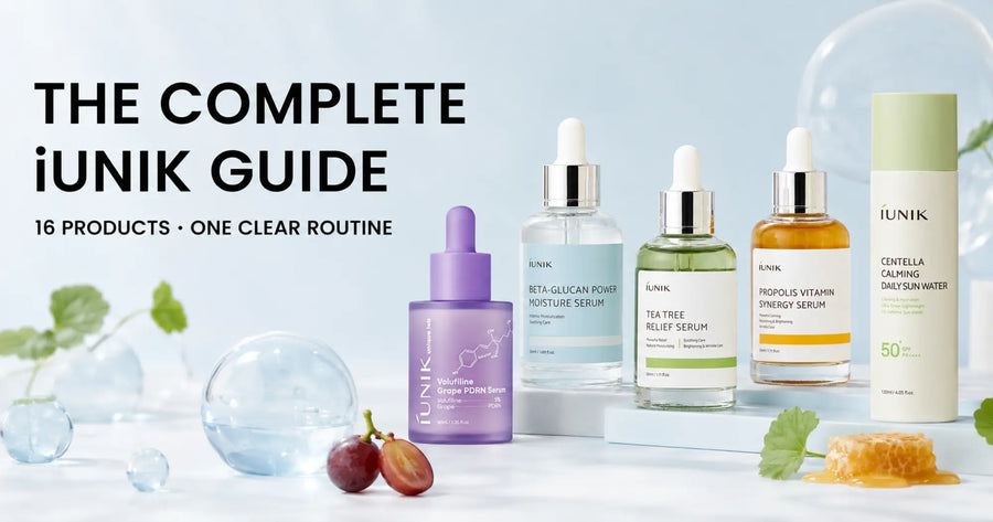 The complete iUNIK skincare guide featuring five iUNIK products for hydration calming glow firming and sun protection