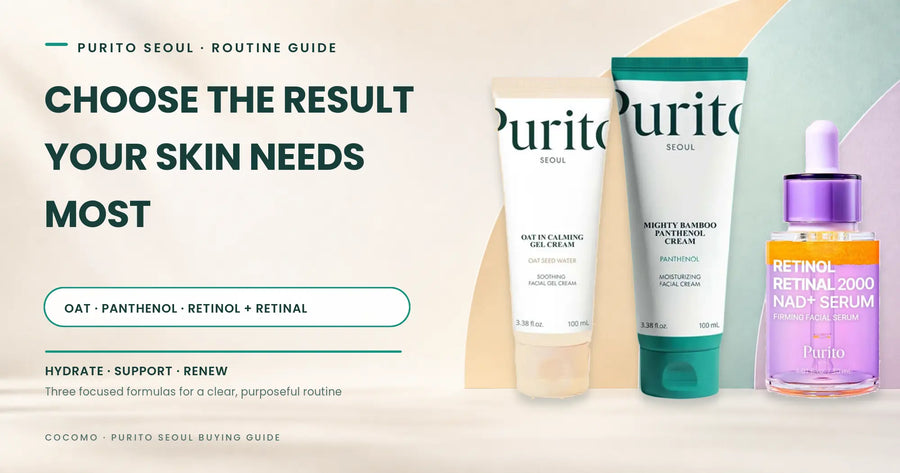 PURITO SEOUL skincare guide featuring Oat In Calming Gel Cream, Mighty Bamboo Panthenol Cream and Retinol Retinal Serum on a flat pastel studio floor