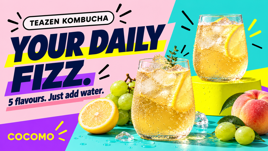 COCOMO TEAZEN Kombucha — Your Daily Fizz, five flavours, just add water. Iced drinks and fruit in COCOMO pink, purple, yellow and turquoise.