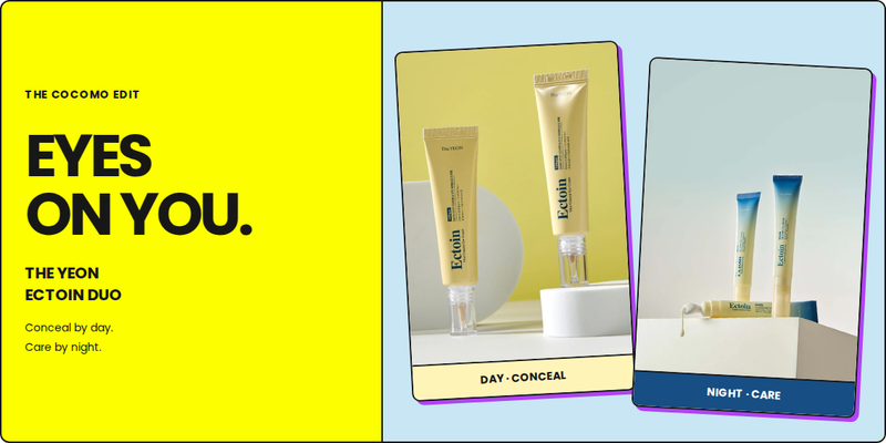 COCOMO THE YEON Ectoin Duo: Eyes on You, with yellow Vital Conceal and blue-to-yellow Guasha Lifting eye cream photographs.