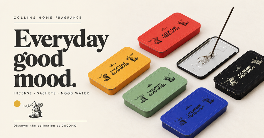 COLLINS Everyday Good Mood home fragrance guide with original colourful incense tins on warm ivory