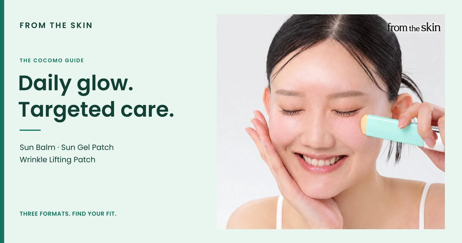 FROM THE SKIN daily glow and targeted care guide, with a woman applying the mint Sun Balm.