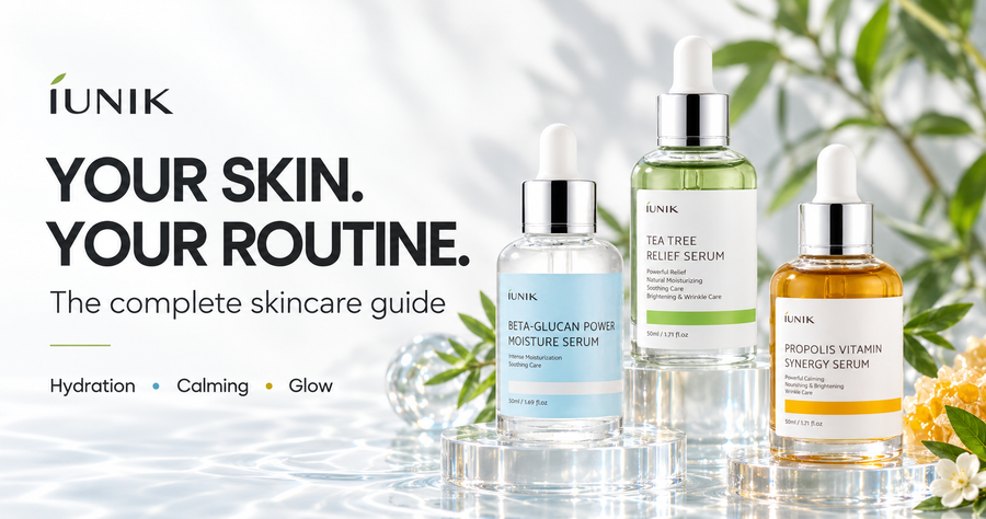 iUNIK skincare guide with Beta-Glucan, Tea Tree and Propolis serums