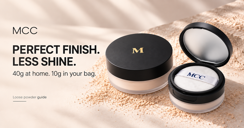 MCC Perfect Finish Loose Powder 40g jumbo jar and 10g mirror compact in black and gold
