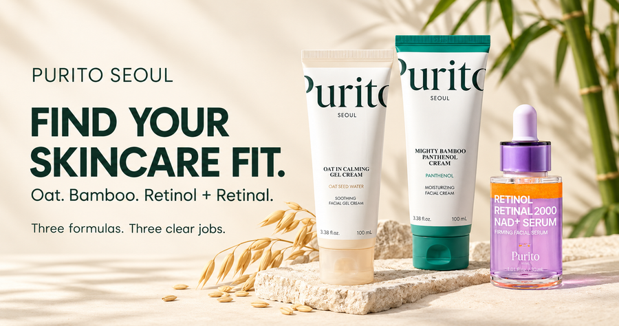PURITO SEOUL Oat In Calming Gel Cream, Mighty Bamboo Panthenol Cream and Retinol Retinal 2000 NAD+ Serum skincare guide