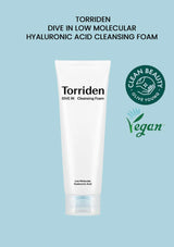 Torriden cleansing foam tube with branding and product details on a light blue background