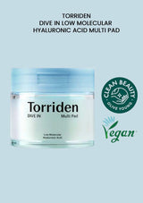 Torriden skincare product jar with 'Clean Beauty' and 'Vegan' labels on a light blue background