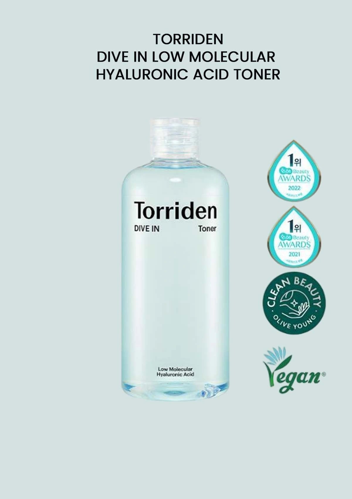 Torriden toner bottle with branding and product information on a light blue background