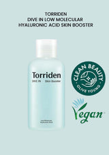 Torriden skin booster bottle with 'Clean Beauty' and 'Vegan' logos on a light blue background