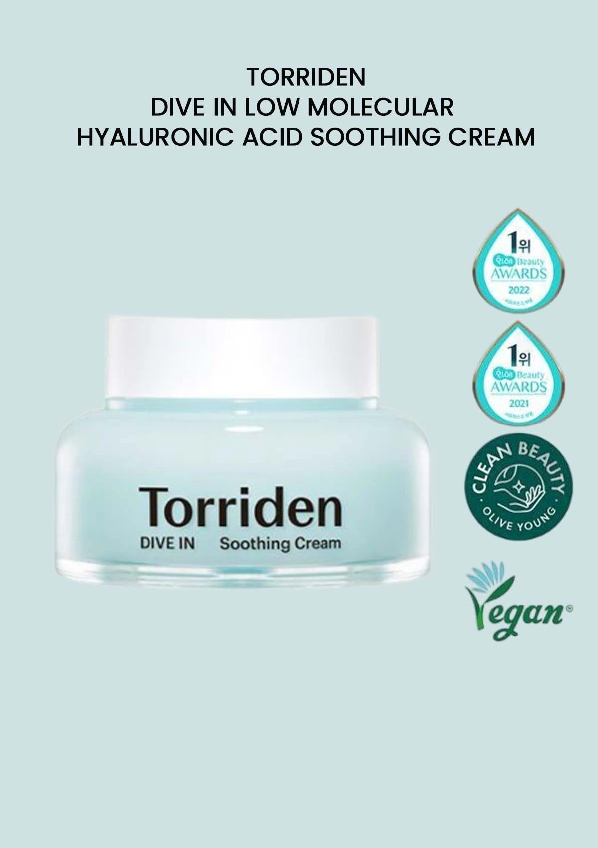 Torriden Dive In Soothing Cream jar with awards and vegan certification logos on a light blue background