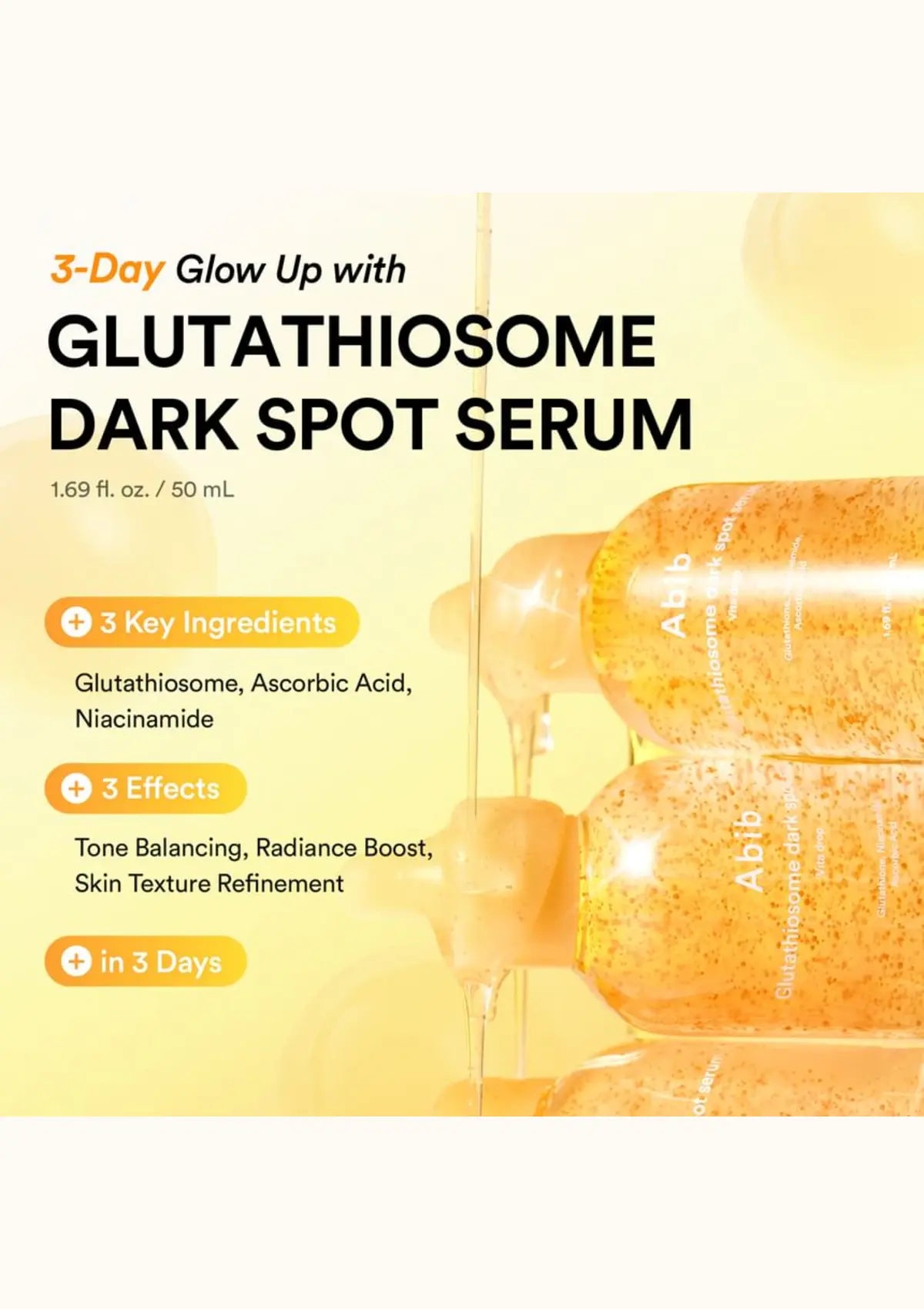 ABIB Glutathiosome Dark Spot Serum Vita Drop 50ml overview with glutathione, niacinamide and vitamin C