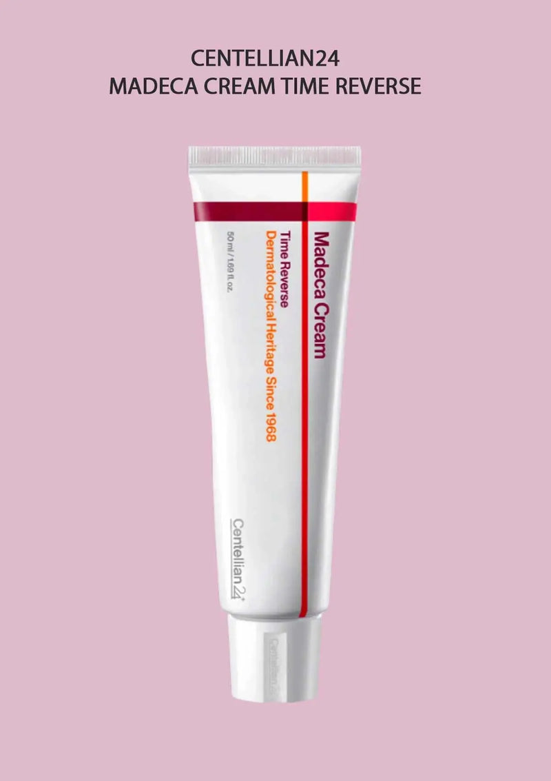Centellian24 Madeca Cream Time Reverse 50ml tube on a soft pink background