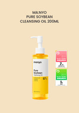 MA:NYO Pure Soybean Cleansing Oil 200ml renewed yellow bottle in the COCOMO main-image layout with original 2025 Olive Young award badges