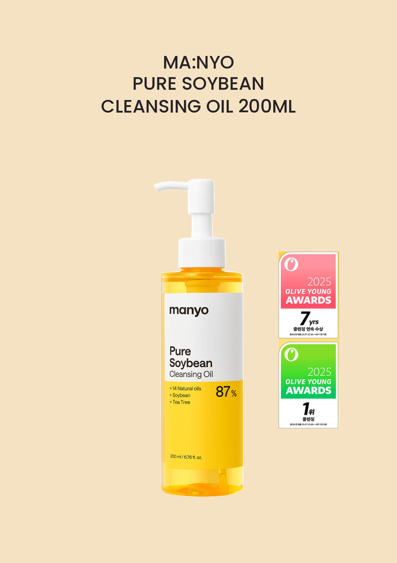 MA:NYO Pure Soybean Cleansing Oil 200ml renewed yellow bottle in the COCOMO main-image layout with original 2025 Olive Young award badges