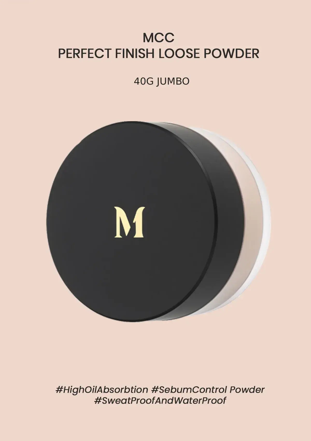 MCC Perfect Finish Loose Powder 40g in approved black and gold packaging with 40g jumbo waterproof claim