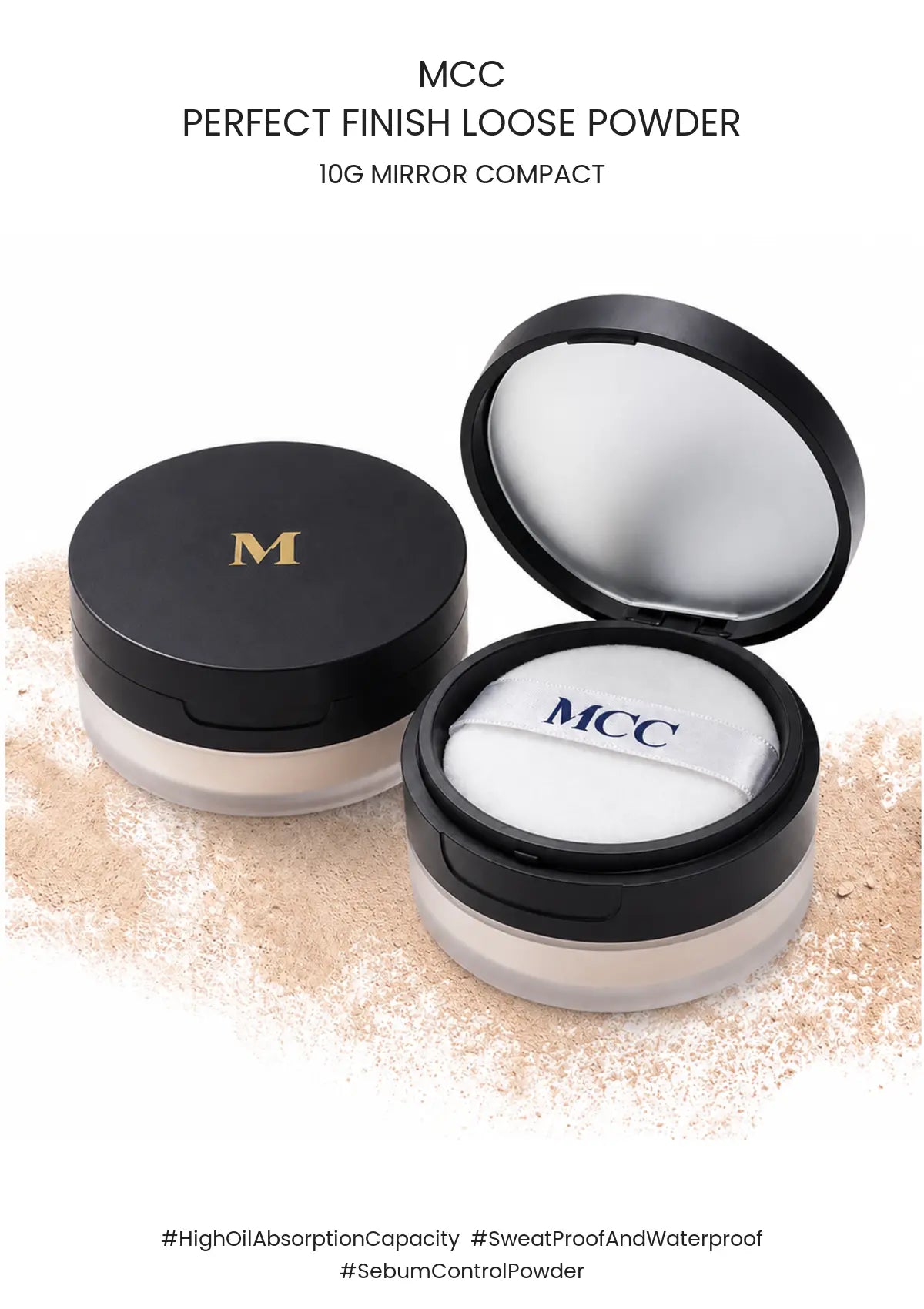 MCC Perfect Finish Loose Powder 10g mirror compact with gold M lid