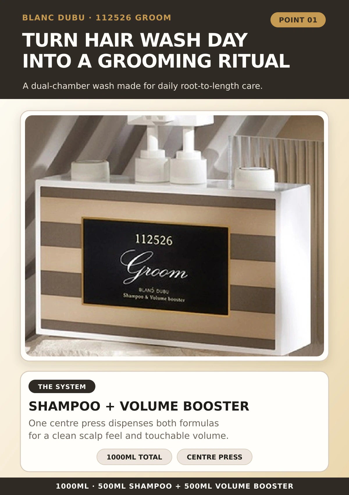 BLANC DUBU 112526 Groom Shampoo and Volume Booster 1000ml dual-chamber bottle in a warm taupe wash-day setting
