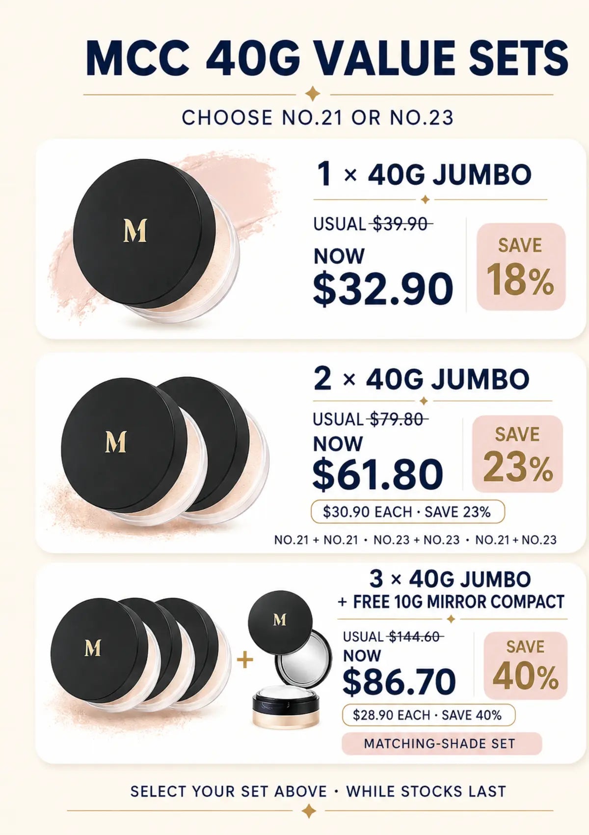 MCC Perfect Finish Loose Powder 40g value set price chart