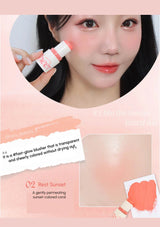 Person applying a cosmetic product with text and color swatches on a pink background