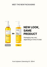 MA:NYO Pure Cleansing Oil previous bottle beside renewed Pure Soybean Cleansing Oil packaging