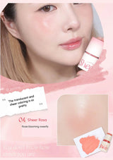 Close-up of a woman's face with a pink cosmetic product labeled 'Sheer Rosa' on a pink background.