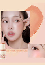 Cosmetic product with a close-up of a woman's face and color swatch on a beige background