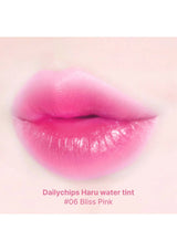 Lip with pink Dailychips Haru water tint on a light pink background