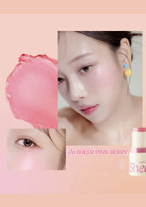 Collage of a woman's face with blush and a pink berry, with '06 Sheer Pink Berry' text.
