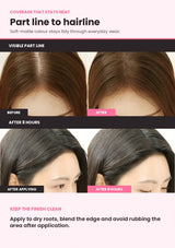 SO NATURAL Hair Line Cover Cushion before and after on a visible part line and after eight hours