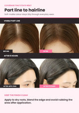 SO NATURAL Hair Line Cover Cushion before and after on a visible part line and after eight hours