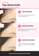 Three steps for applying SO NATURAL Hair Line Cover Cushion to dry hairline areas