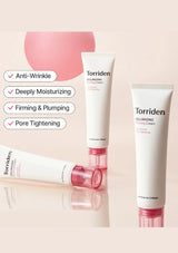 Torriden skincare products with text highlighting benefits on a beige background
