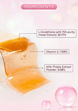 Ingredient information graphic for a skincare product, showing a translucent amber-colored gel sample with labels pointing to L-Glutathione, Vitamin C, and Milk Thistle Extract Powder on a soft pink background.