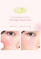 Before and after comparison of eye makeup application on a white background with text about product performance.